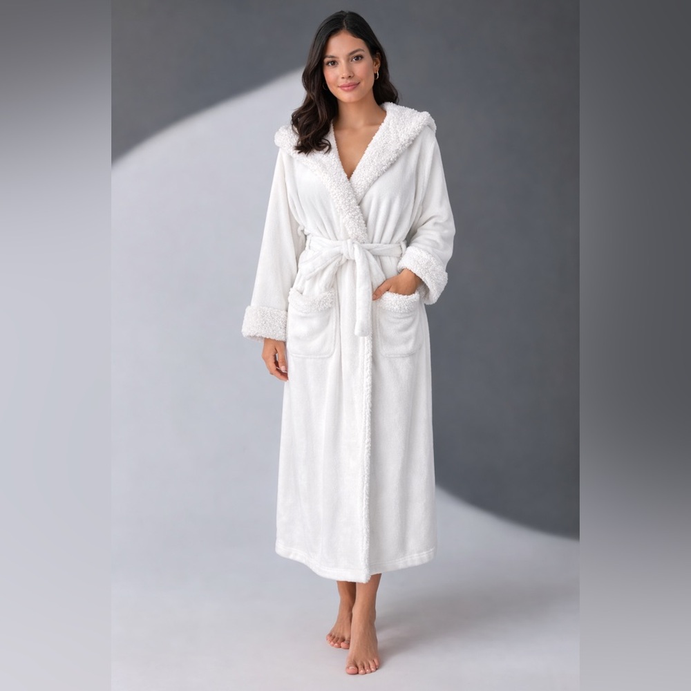 Pottery Barn Plush Spa Robe Hooded Teddy Faux Fur Trim Belted Bathrobe Large